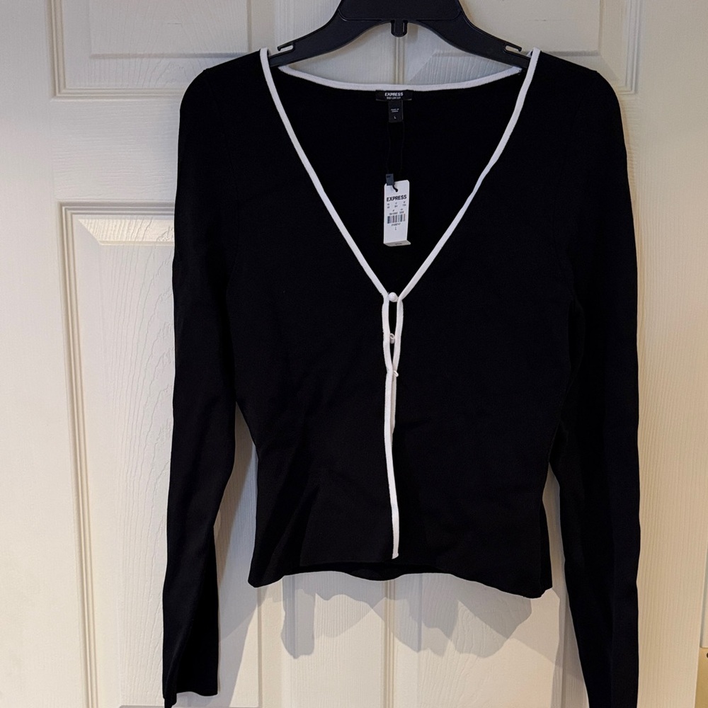 Express Black 3 button cardigan Top with White piping